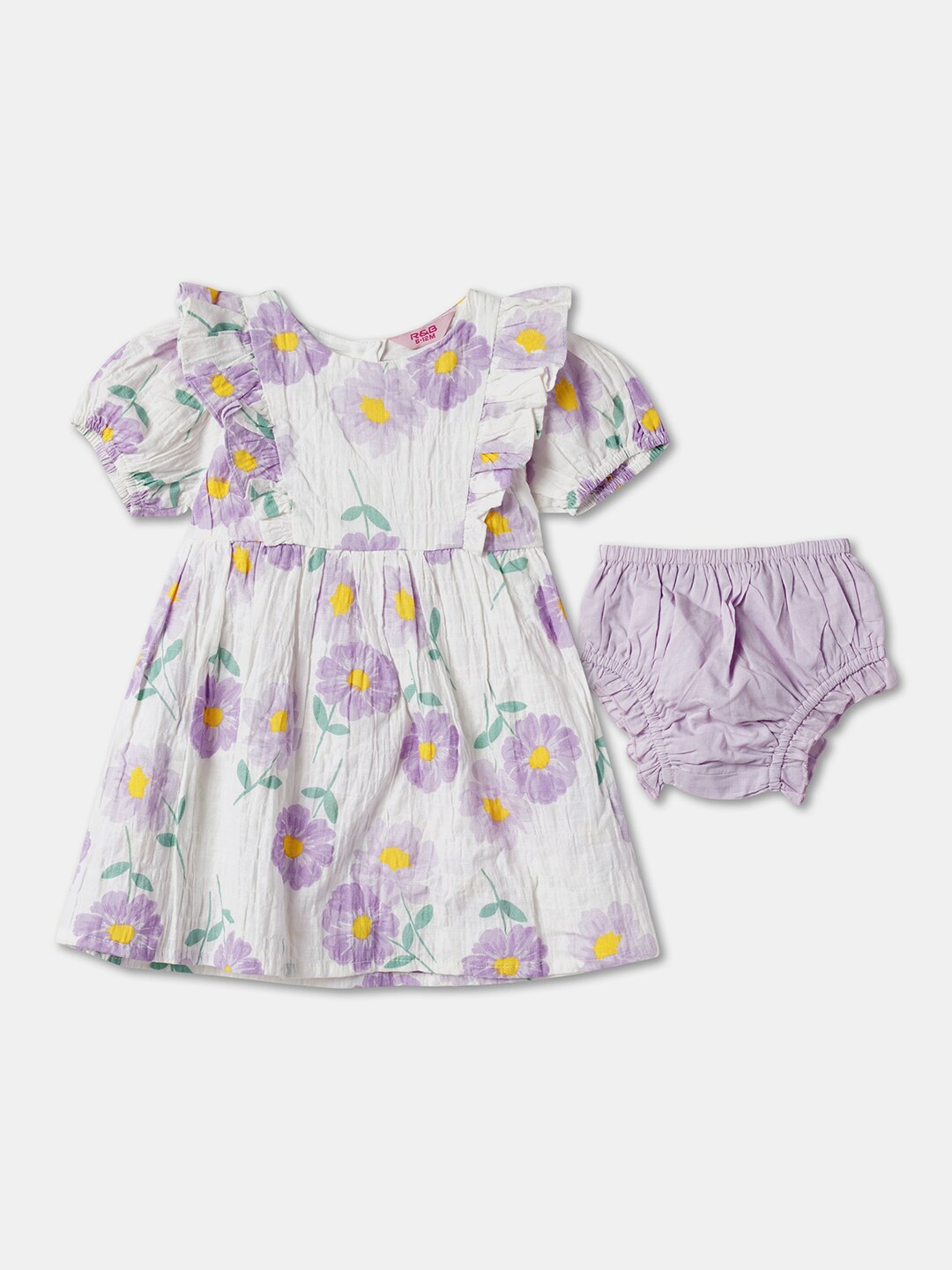 

R&B Girls Floral Printed Round Neck Puff Sleeves A-Line Dress, Lavender
