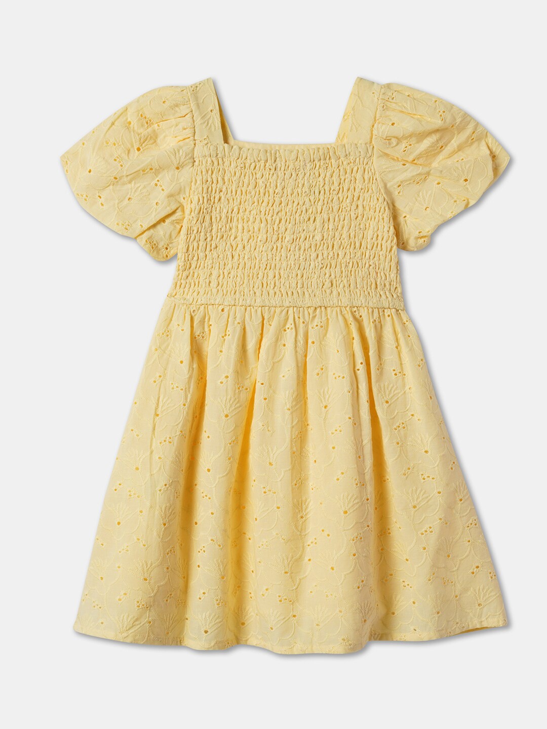 

R&B Girls Puff Sleeve Cotton Gathered Fit & Flare Dress, Yellow