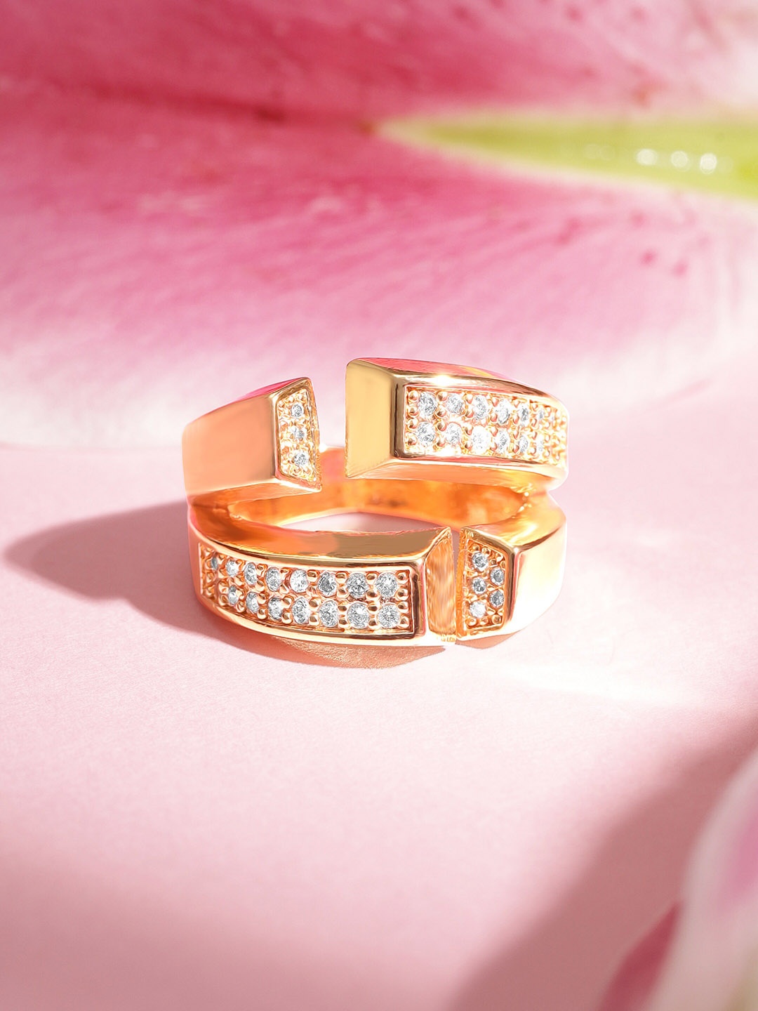 

Rubans 18KT Gold-Plated Cubic Zirconia Stone-Studded Adjustable Finger Ring