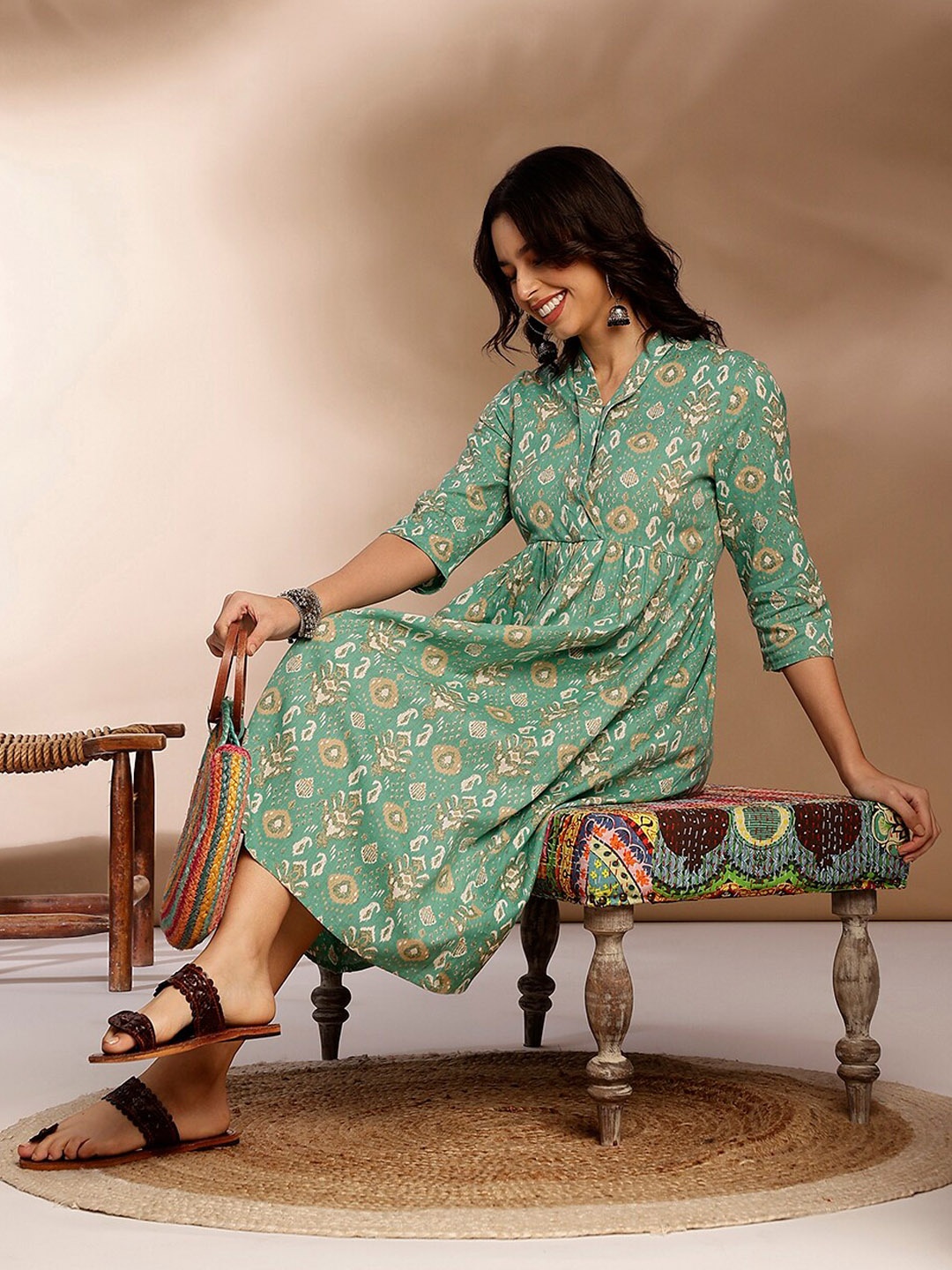 

Anouk Blue Ethnic Motifs Printed Gathered Detailed Pure Cotton Fit & Flare Ethnic Dress, Green