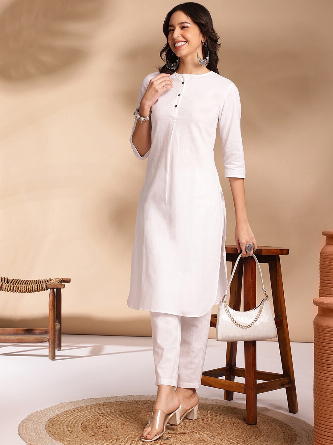 

Anouk Pleated Round Neck Round Neck Cotton Kurta with Trousers, White