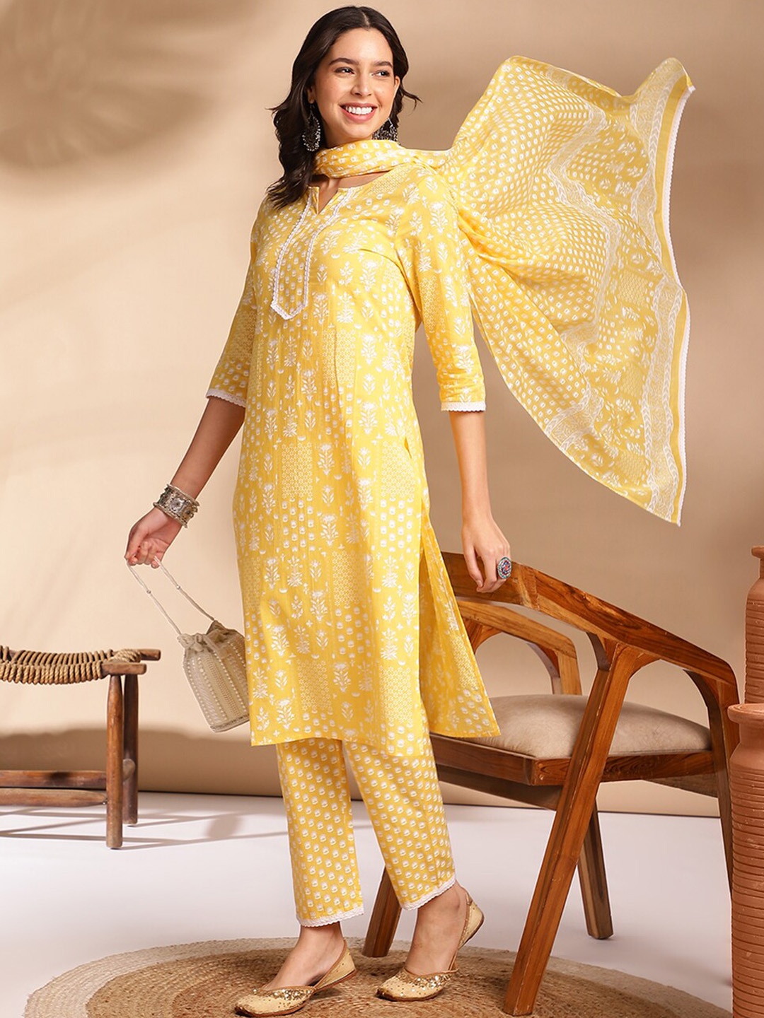 

Anouk Ethnic Motifs Printed Round Neck Three-Quarter Sleeves Pure Cotton Kurta Set, Yellow