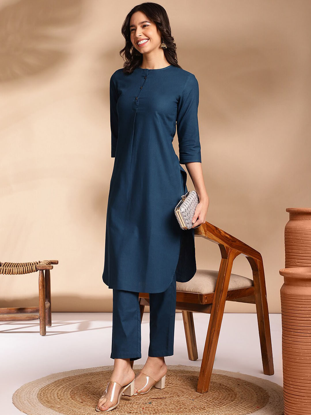 

Anouk Pleated Round Neck Three-Quarter Sleeves Kurta with Trousers, Blue