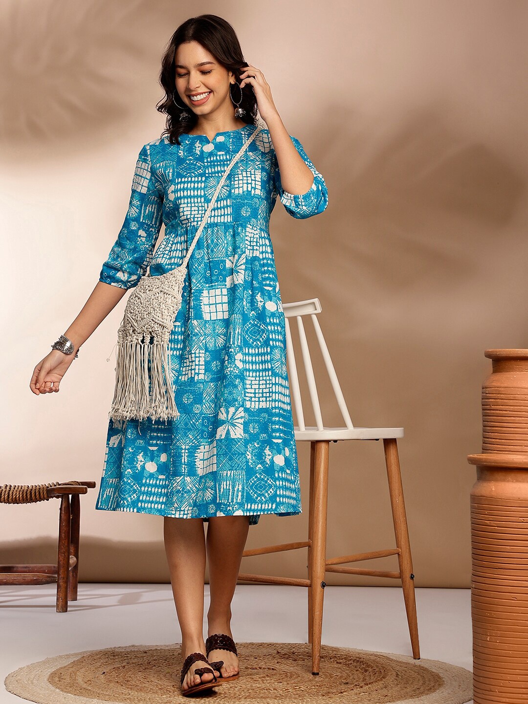 

Anouk Abstract Printed Cotton A-Line Dress, Blue