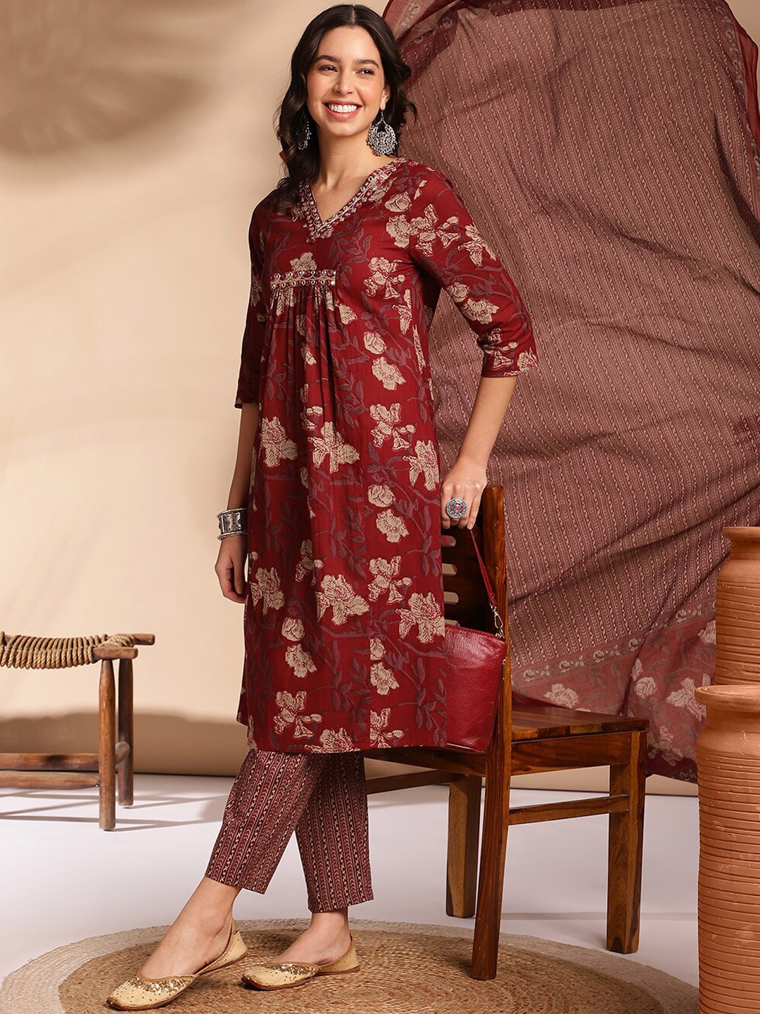 

Anouk Floral Printed Empire Gotta Patti Pure Cotton Kurta with Trousers & Dupatta, Maroon