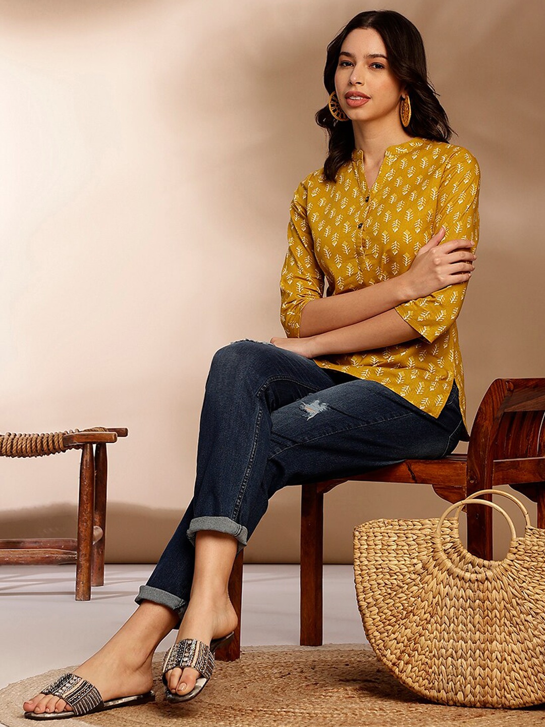 

Anouk Mustard Yellow Ethnic Motifs Printed Mandarin Collar Pure Cotton Straight Kurti