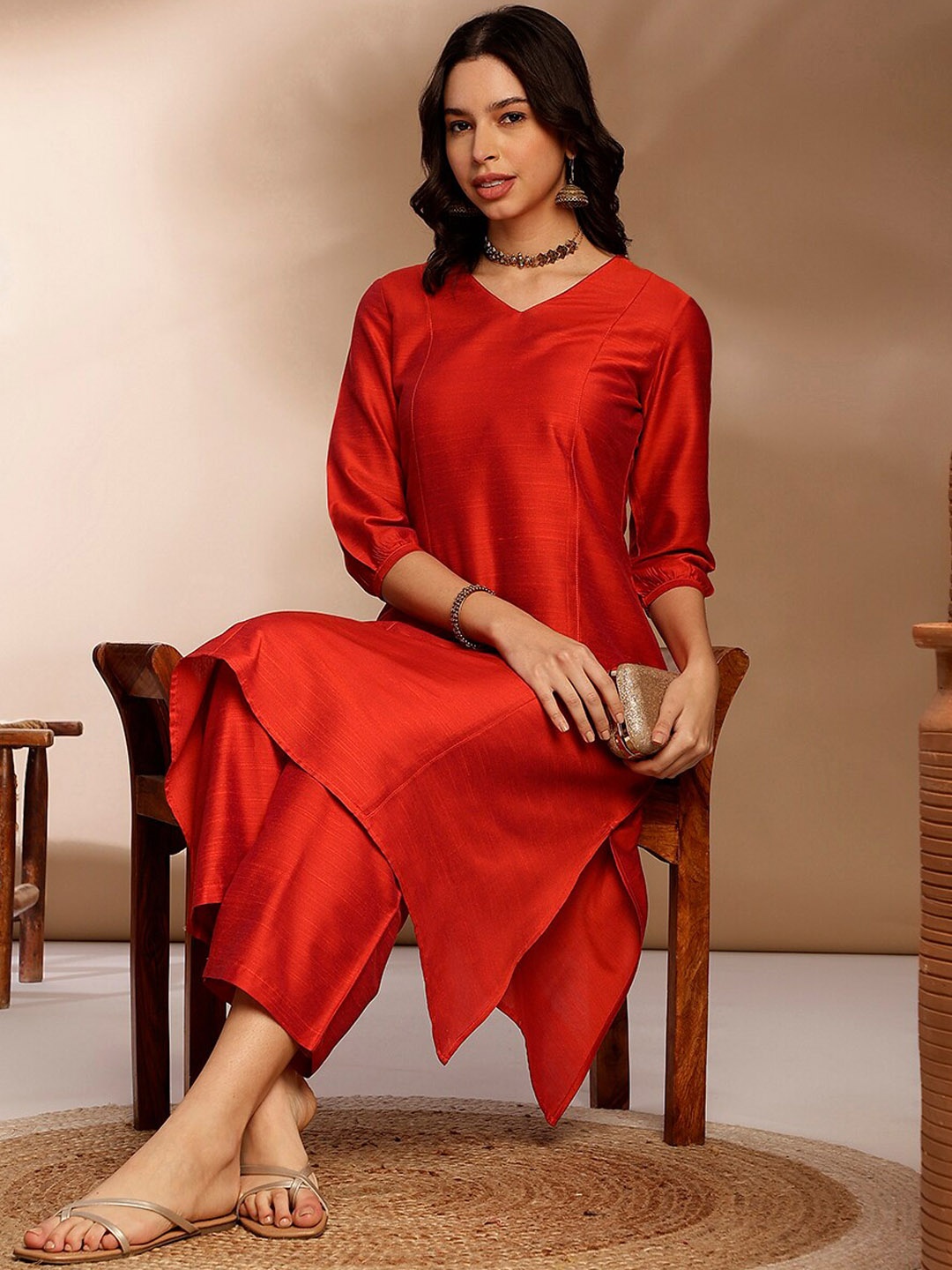 

Anouk V-Neck Three-Quarter Sleeves A-Line Kurta With Palazzos, Red