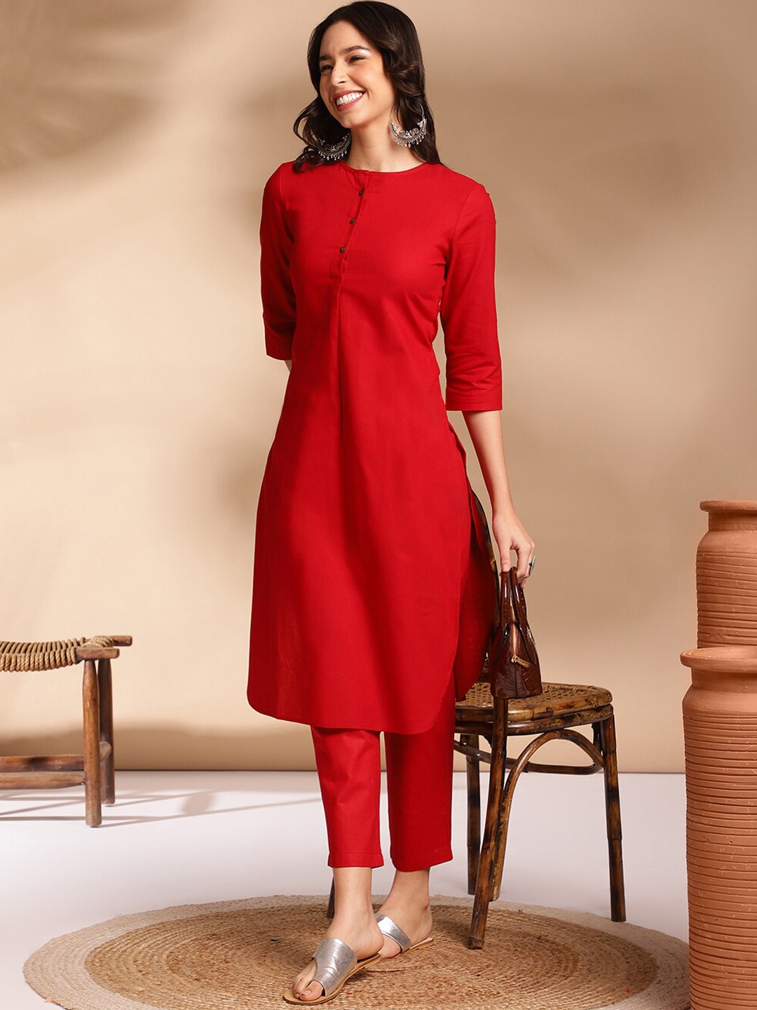 

Anouk Pleated Round Neck Three-Quarter Sleeves Kurta with Trousers, Red