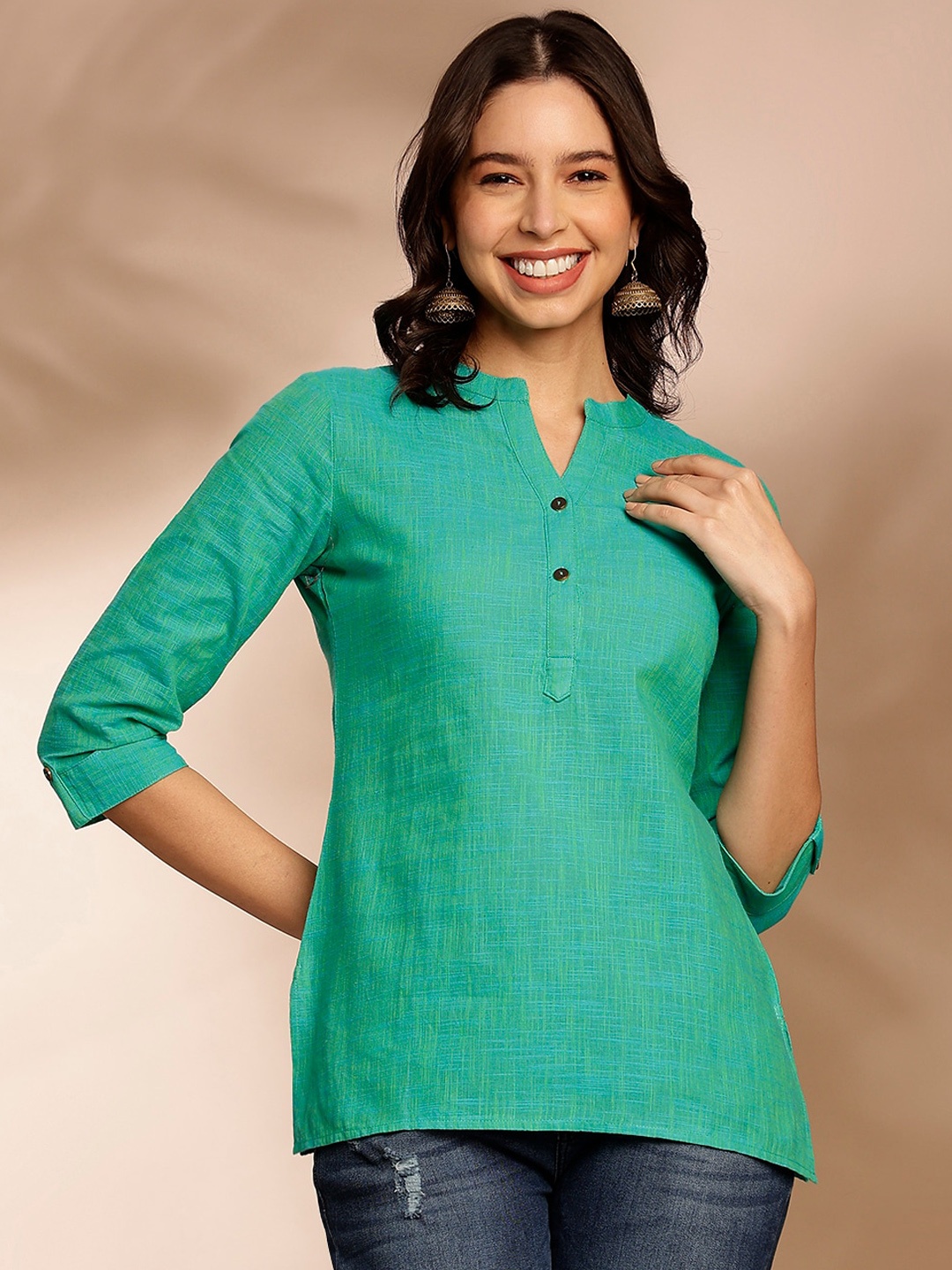 

Anouk Green Mandarin Collar Roll-Up Sleeves Straight Kurti