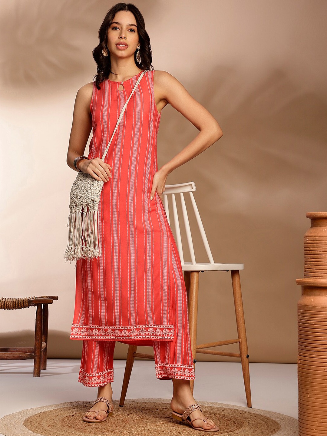 

Anouk Striped Printed Boat Neck Sleeveless Kurta with Palazzos, Pink