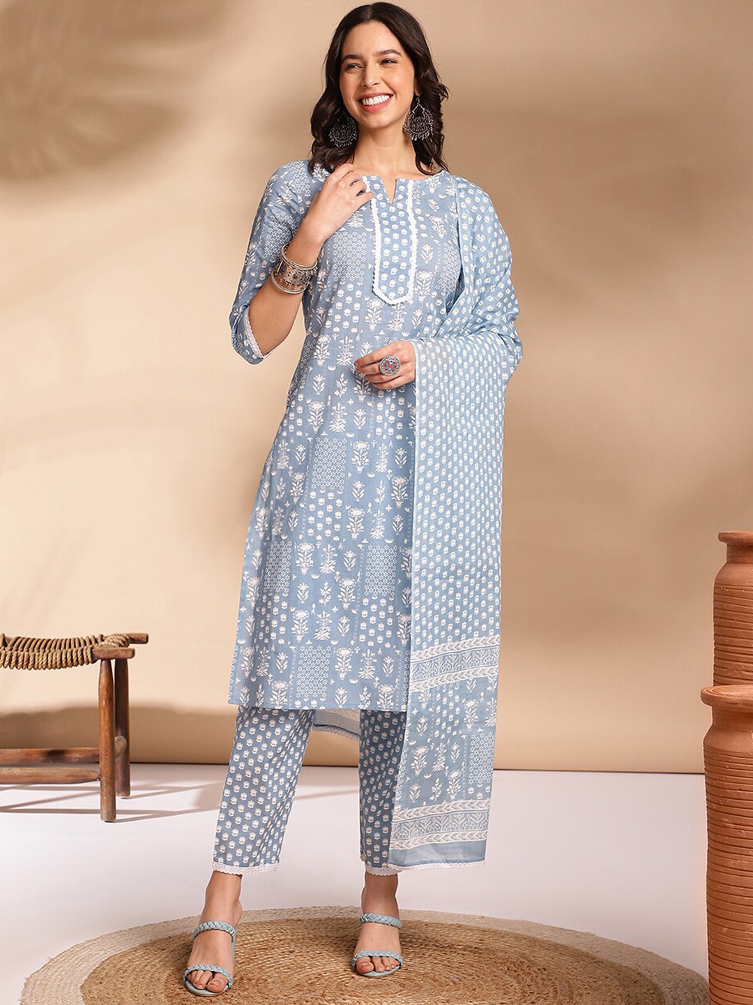 

Anouk Ethnic Motifs Printed Round Neck Three-Quarter Sleeves Pure Cotton Kurta Set, Blue