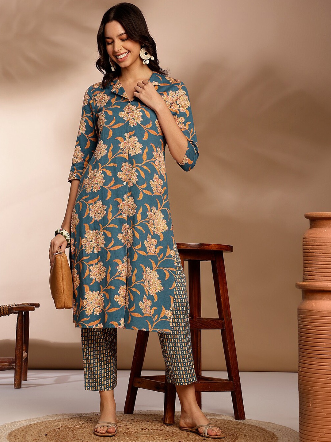 

Anouk Teal Green Floral Printed Shirt Collar Pure Cotton Kurta With Trouser