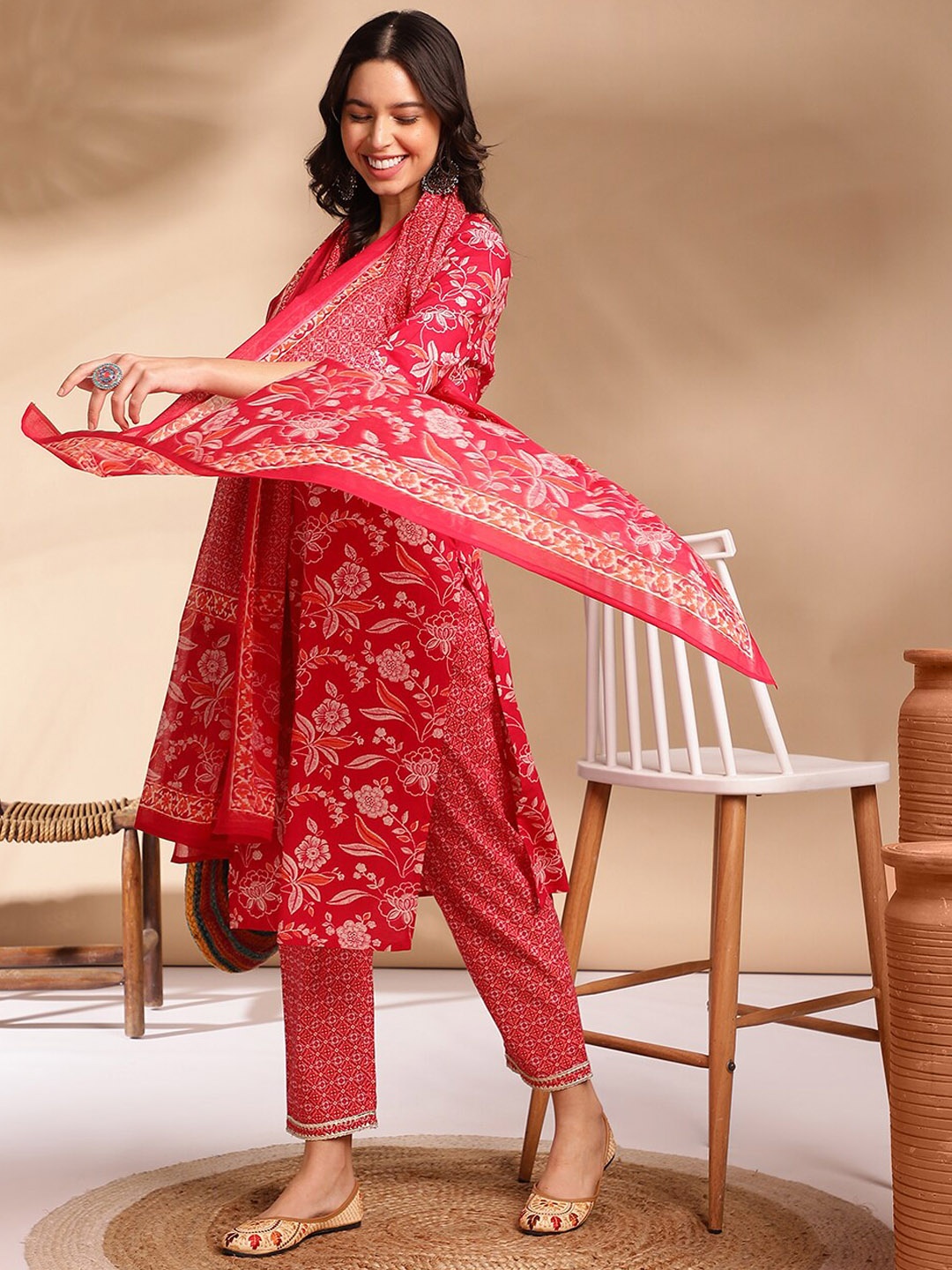 

Anouk Red Ethnic Motifs Printed Straight Empire Pure Cotton Kurta With Trousers & Dupatta, Pink