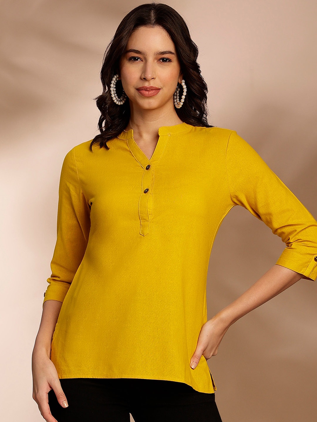 

Anouk Yellow Mandarin Collar Roll-Up Sleeves Straight Kurti