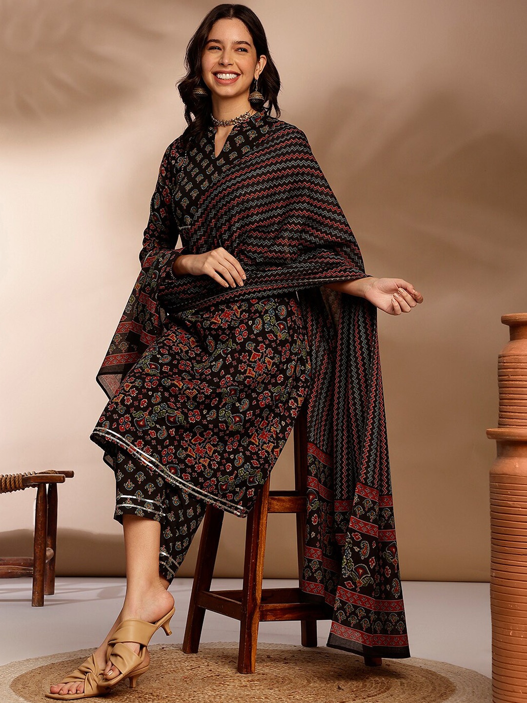 

Anouk Black Ethnic Motifs Printed Gotta Patti Pure Cotton Kurta with Trousers & Dupatta