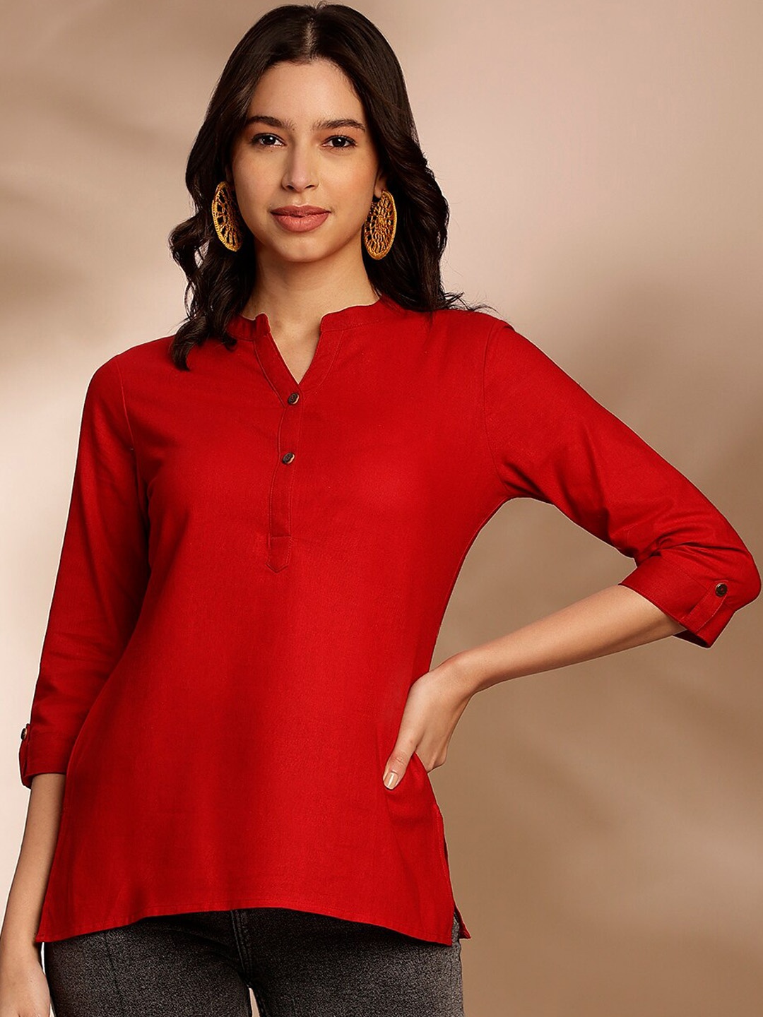 

Anouk Mandarin Collar Cotton Strigth Kurta, Red