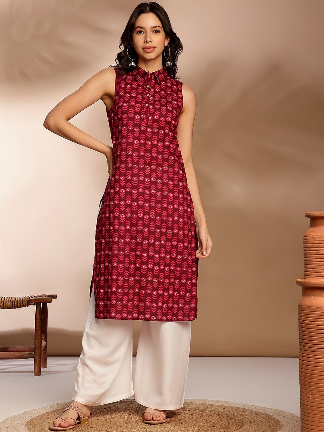 

Anouk Geometric Printed Shirt Collar Cotton Strigth Kurta, Purple