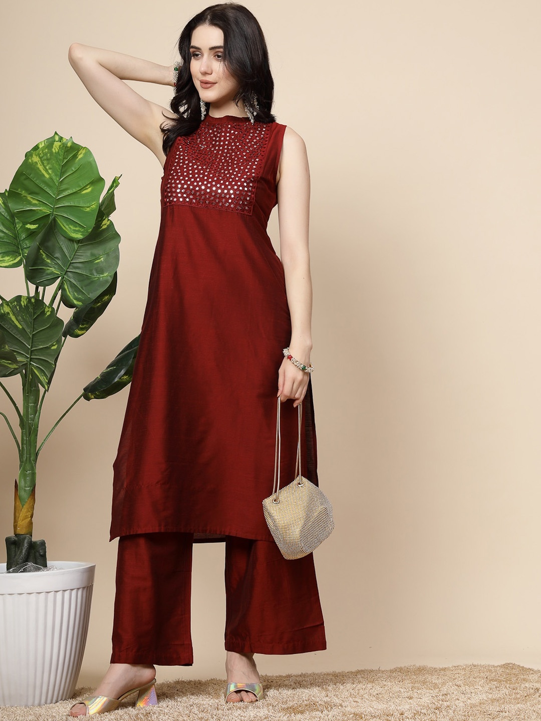 

Ramas Yoke Design Mandarin Collar Mirror Work Kurta With Palazzo, Maroon