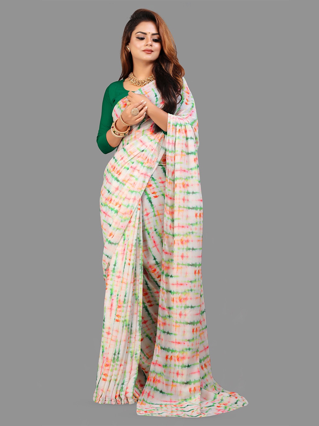 

TIEXA Tie and Dye Printed Pure Georgette Saree, White