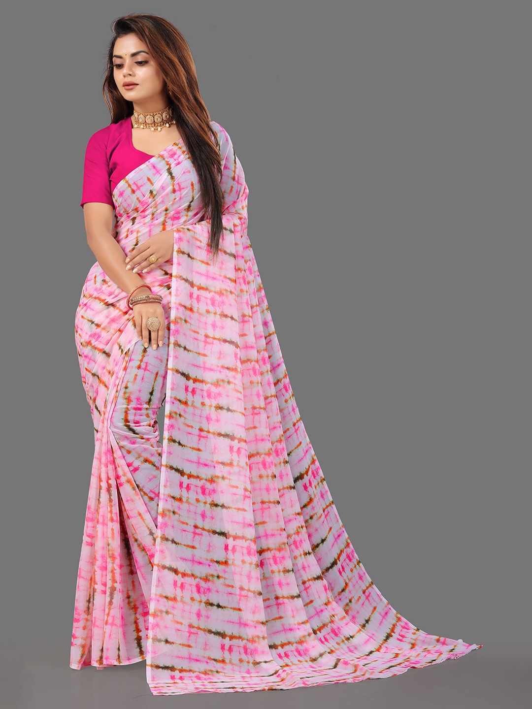 

TIEXA Tie and Dye Printed Pure Georgette Saree, Pink