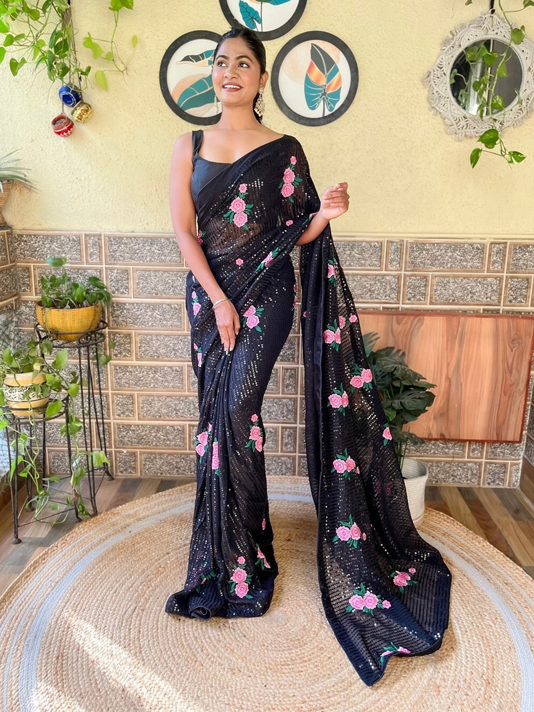 

Mitera Floral Printed Embellished Sequinned Pure Georgette Saree, Black