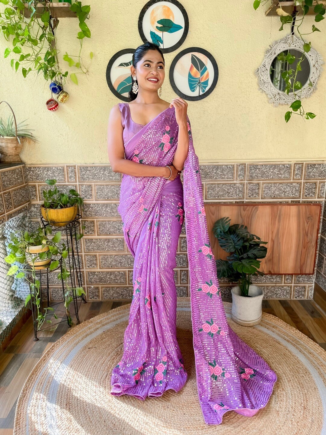 

Mitera Floral Sequinned Pure Georgette Saree, Lavender