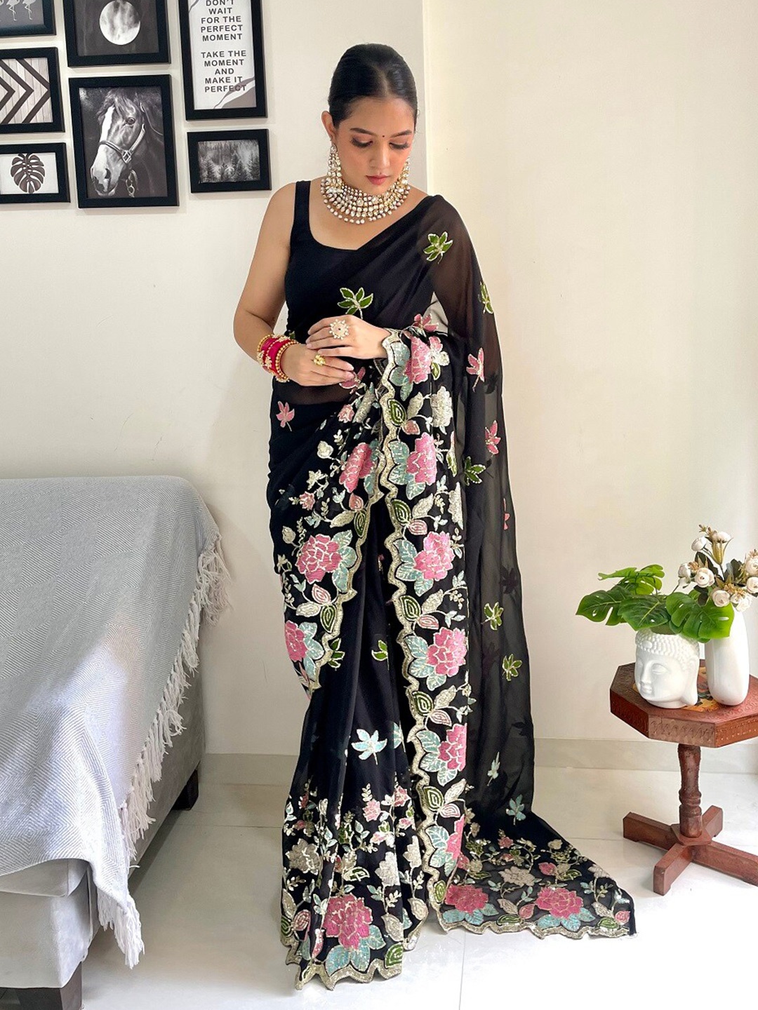 

Mitera Floral Embroidered Sequinned Pure Georgette Saree, Black