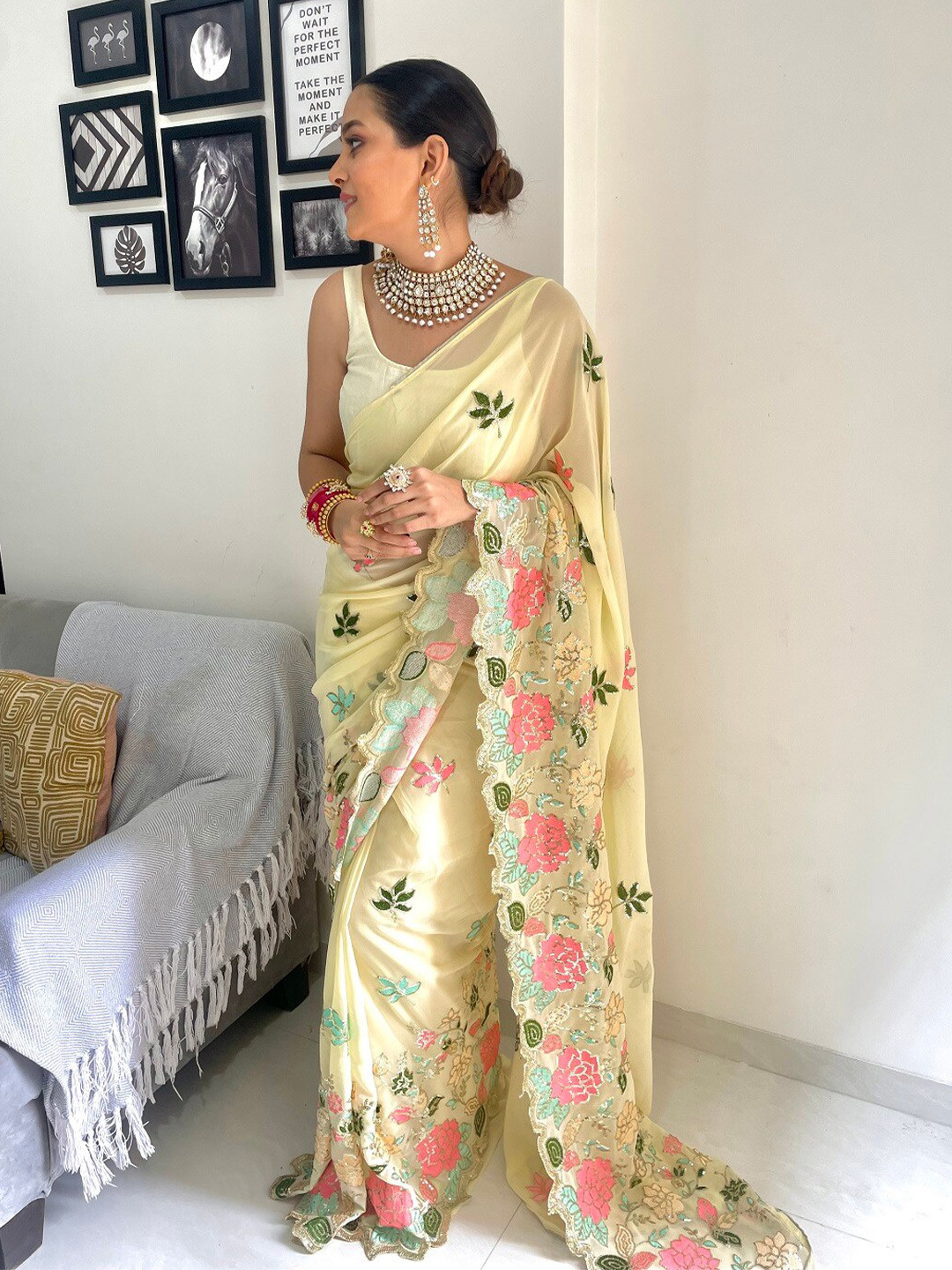 

Mitera Floral Embroidered Sequinned Pure Georgette Saree, Yellow