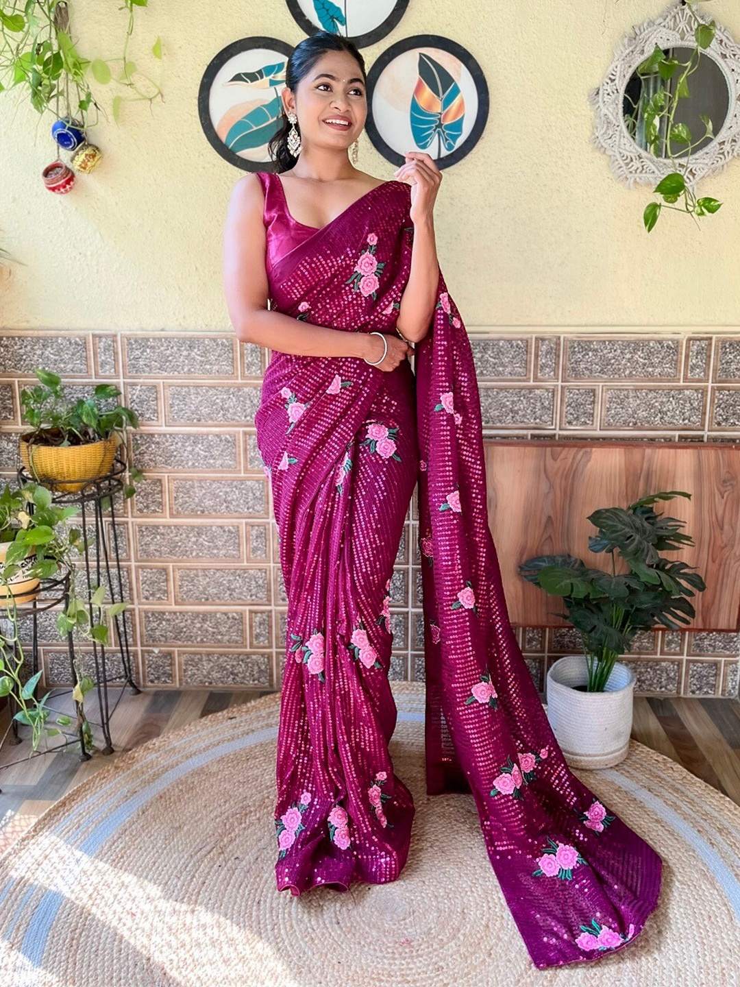 

Mitera Floral Embellished Sequinned Pure Georgette Saree, Purple
