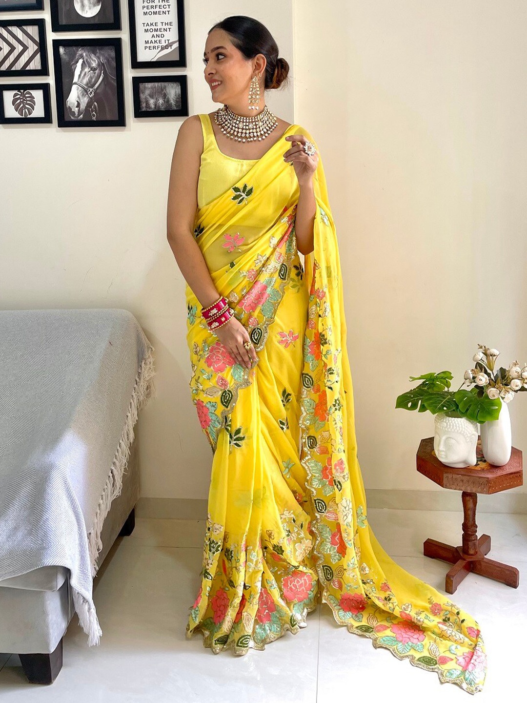 

Mitera Floral Embroidered Sequinned Pure Georgette Saree, Yellow