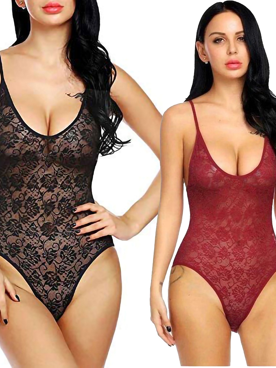 

AROUSY Pack of 2 Self Design Shoulder Straps Net Lace Baby Dolls, Black