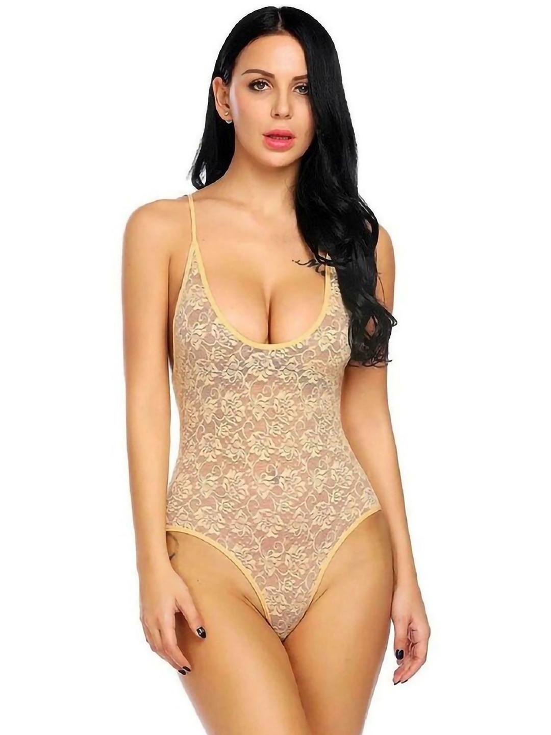 

AROUSY Self Design Shoulder Straps Net Lace Baby Doll, Brown