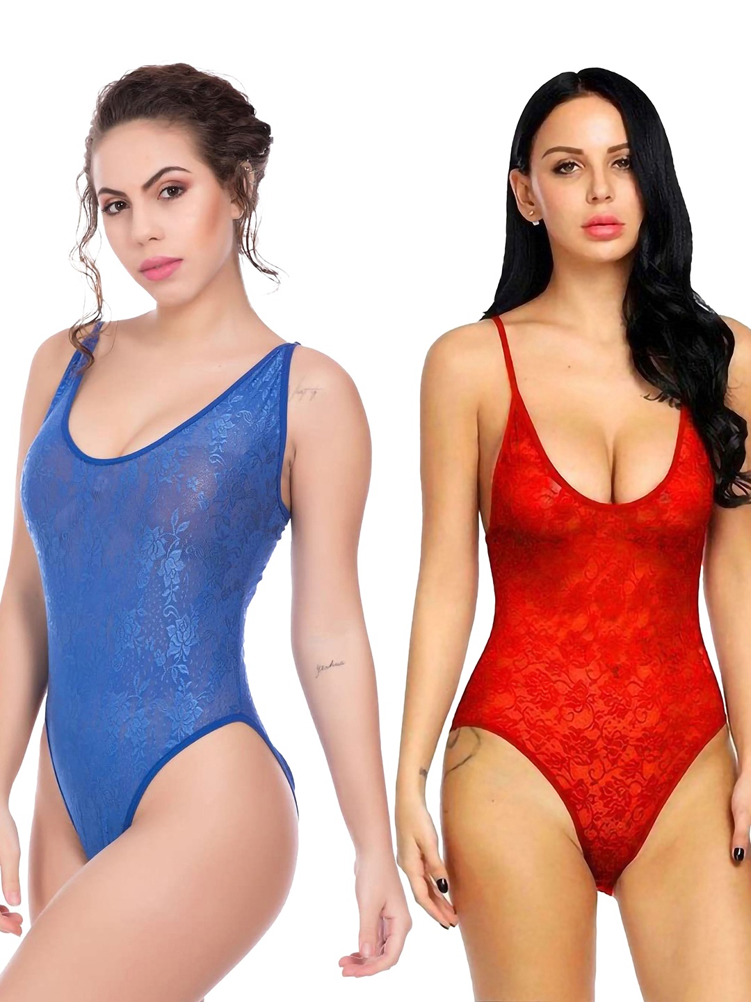 

AROUSY Pack of 2 Self Design Shoulder Straps Net Lace Baby Dolls, Red