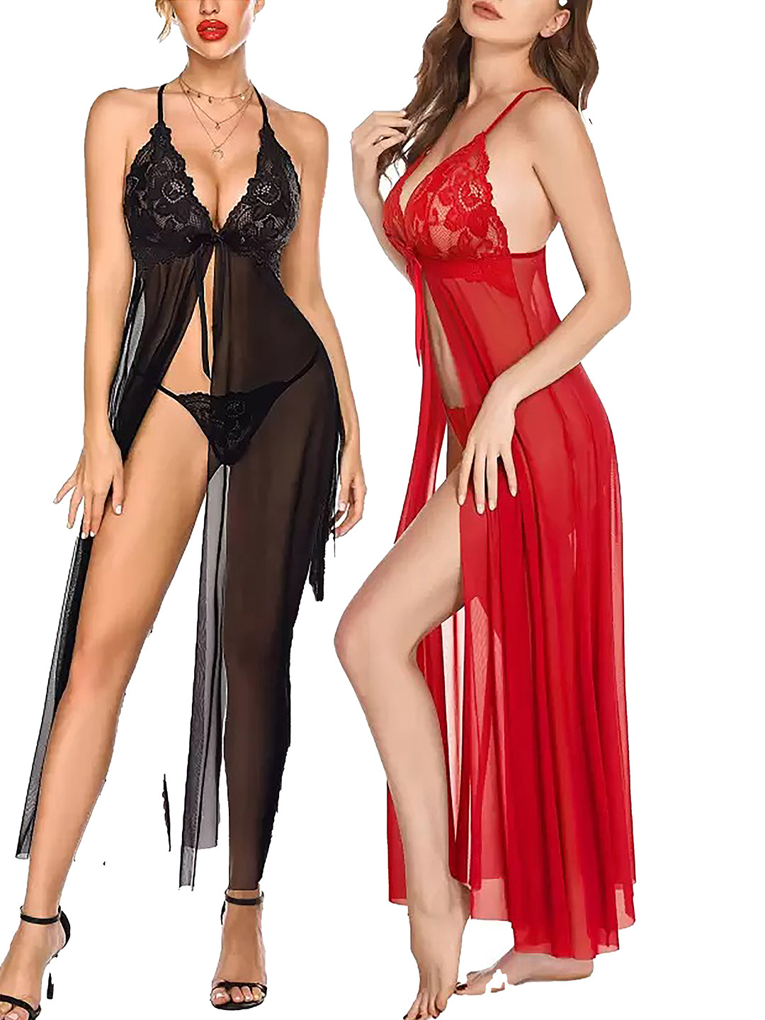 

AROUSY Pack of 2 Self-Design Net Laced Baby Dolls, Black