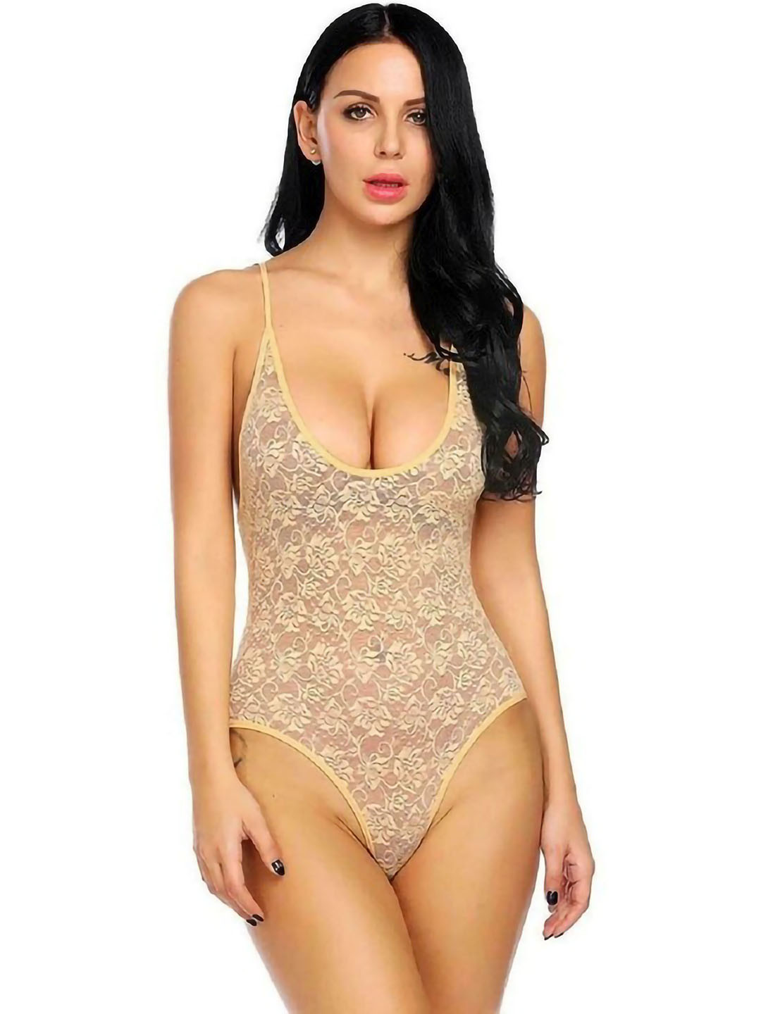 

AROUSY Self Design Shoulder Straps Net Baby Doll, Brown
