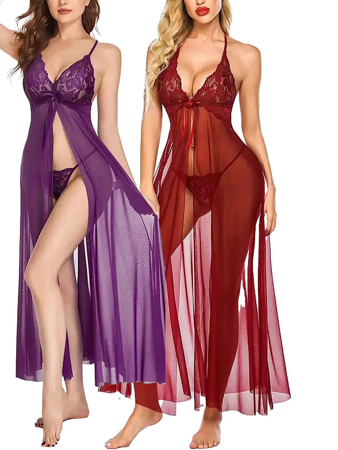 

PIBU Pack of 2 Self Design Net Lace Baby Doll, Maroon