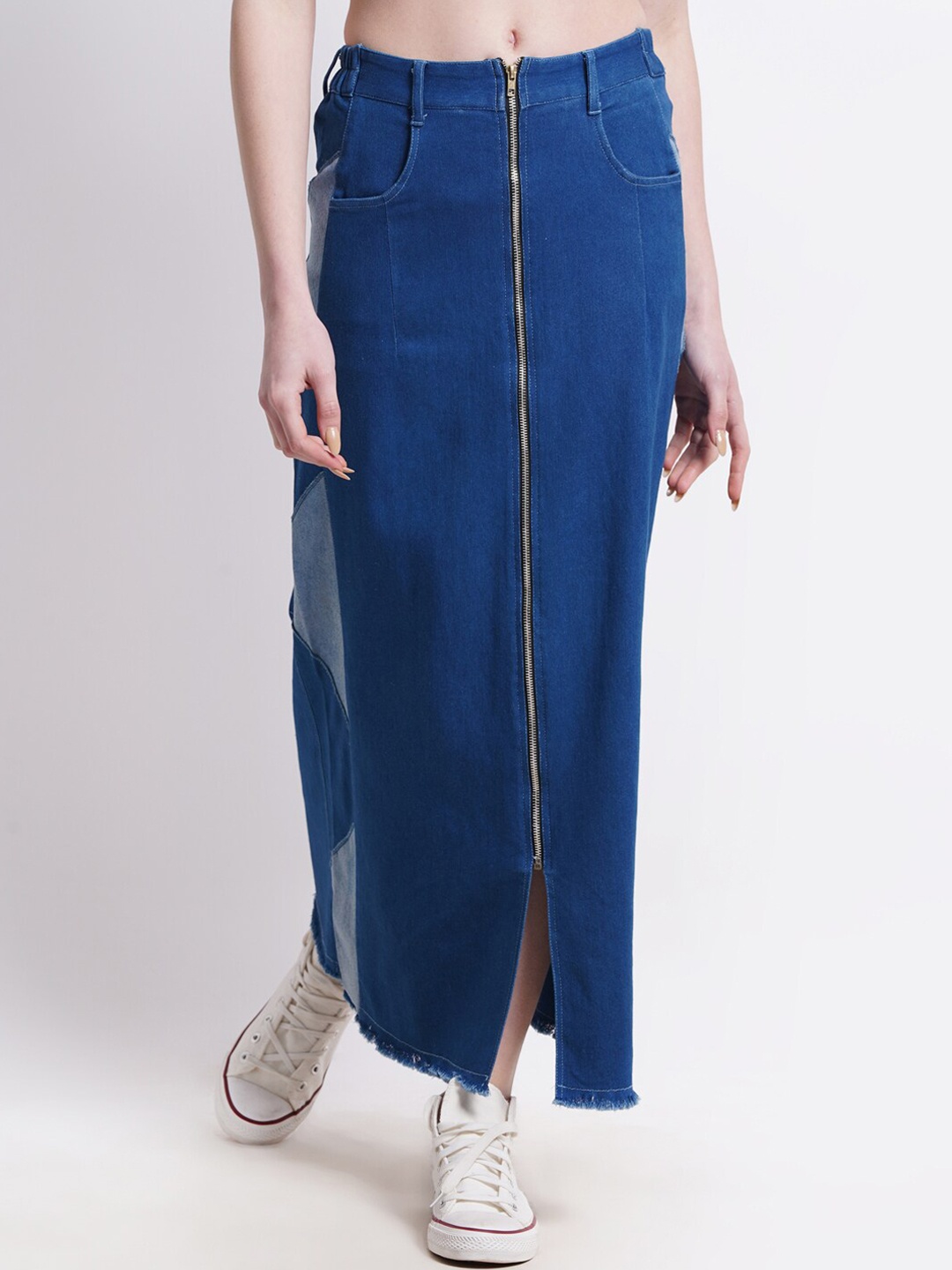 

SUMAVI-FASHION Colurblocked Denim Straight Midi Skirts, Blue