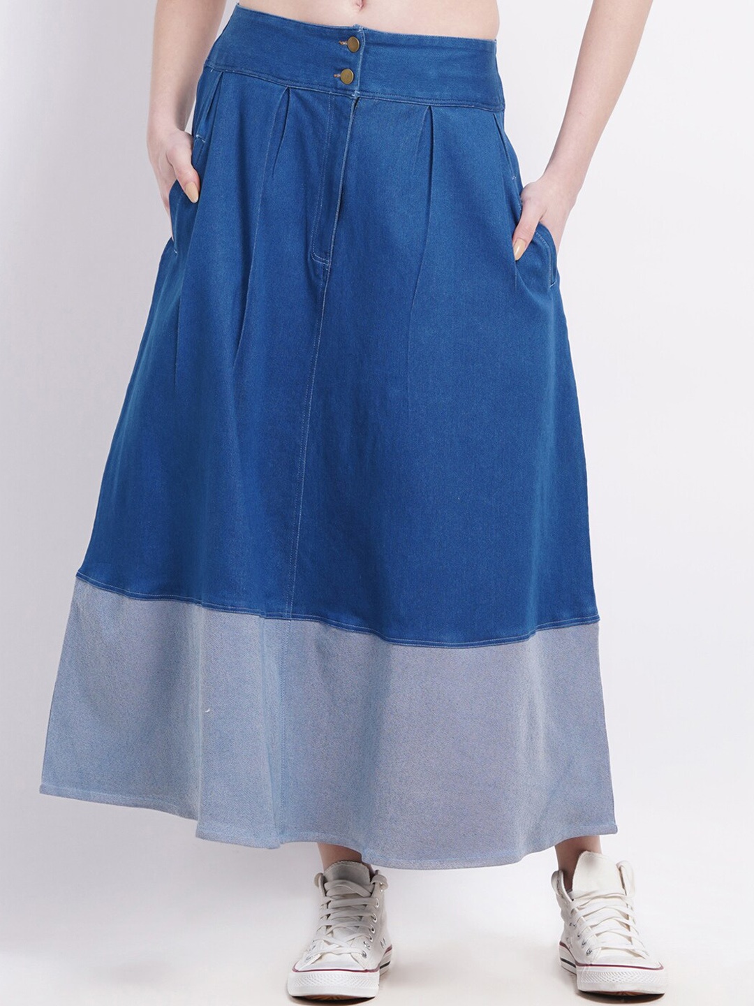 

SUMAVI-FASHION Colorblocked Denim Midi Skirts, Blue