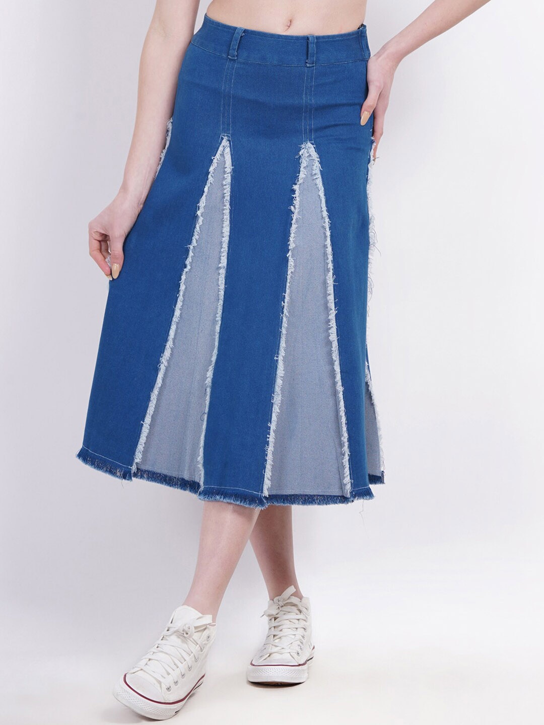 

SUMAVI-FASHION Colourblocked Denim Midi Skirts, Blue