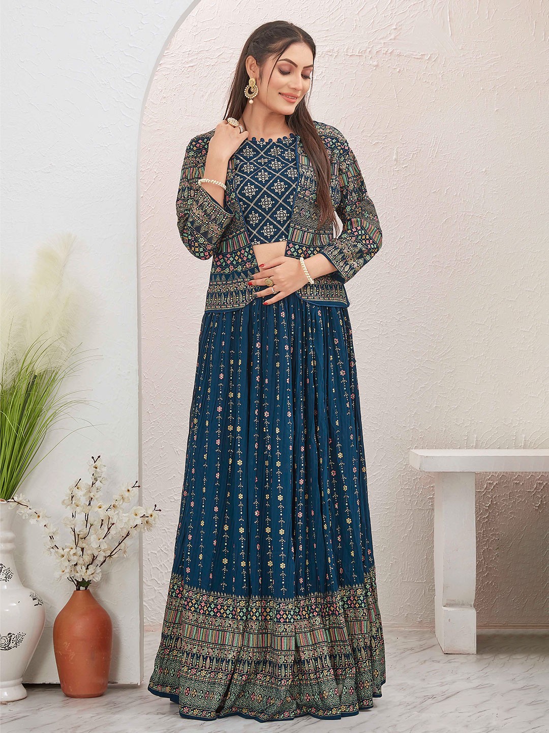 

Chandbaali Embroidered Sequinned Foil Print Ready to Wear Lehenga & Choli with Jacket, Blue
