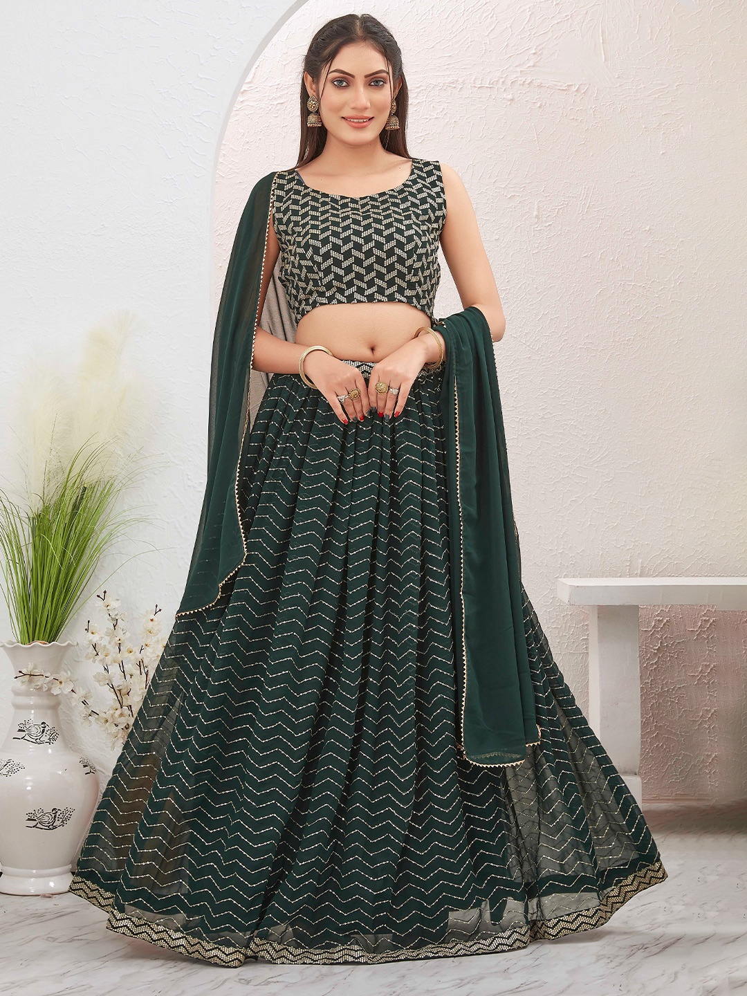 

Chandbaali Embroidered Sequinned Foil Print Ready to Wear Lehenga & Blouse With Dupatta, Green