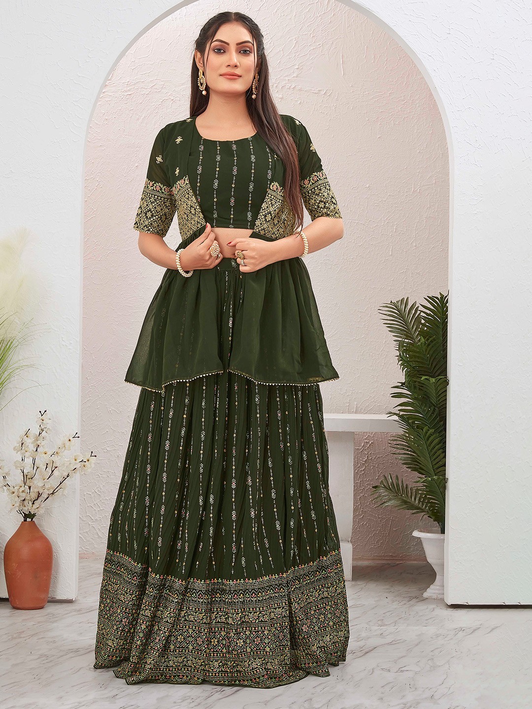 

Chandbaali Embroidered Sequinned Foil Printed Ready To Wear Lehenga & Choli With Jacket, Green