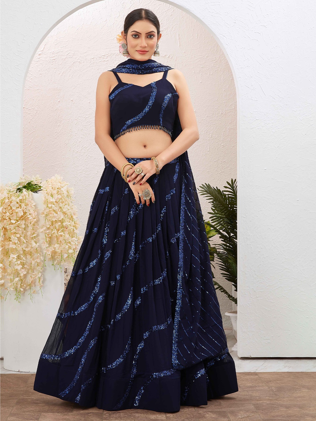 

Chandbaali Embroidered Sequinned Foil Print Ready to Wear Lehenga & Blouse With Dupatta, Navy blue