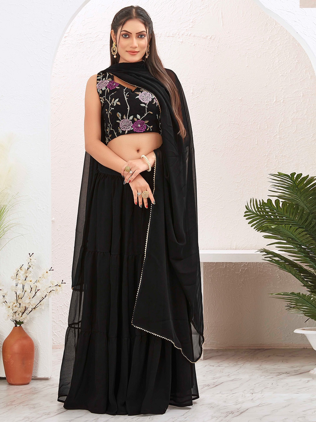 

Chandbaali Floral Embroidered Ready To Wear Lehenga & Blouse With Dupatta, Black