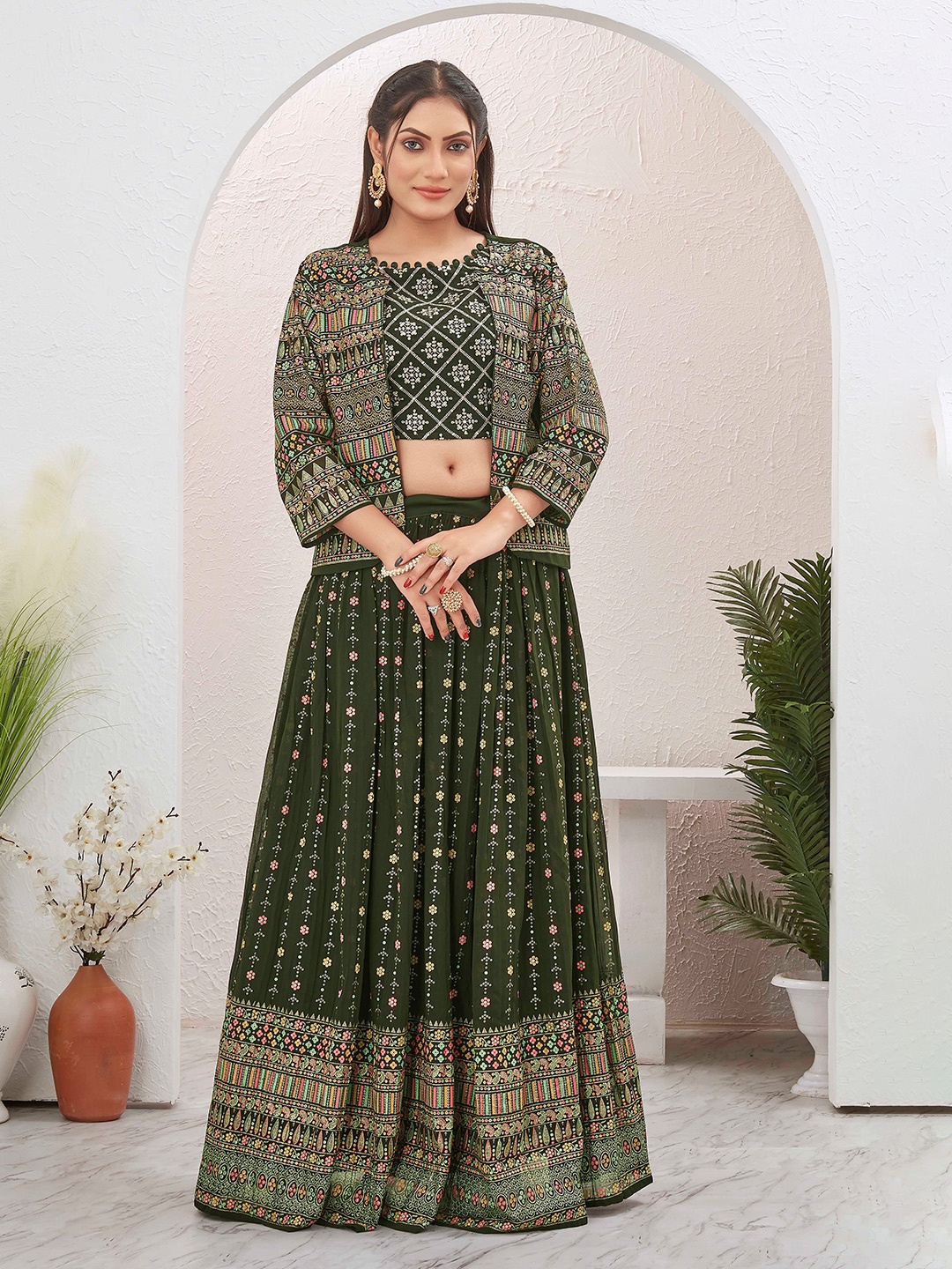 

Chandbaali Ethnic Motifs Embroidered Sequinned Foil Print Ready To Wear Lehenga & Shrug, Green