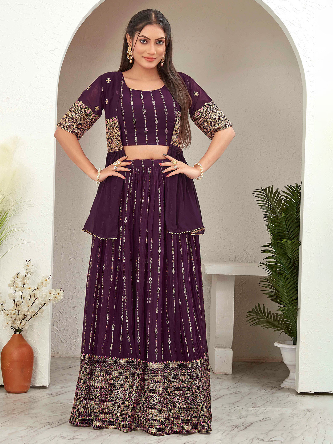 

Chandbaali Embroidered Sequinned Foil Printed Ready To Wear Lehenga & Choli With Jacket, Burgundy