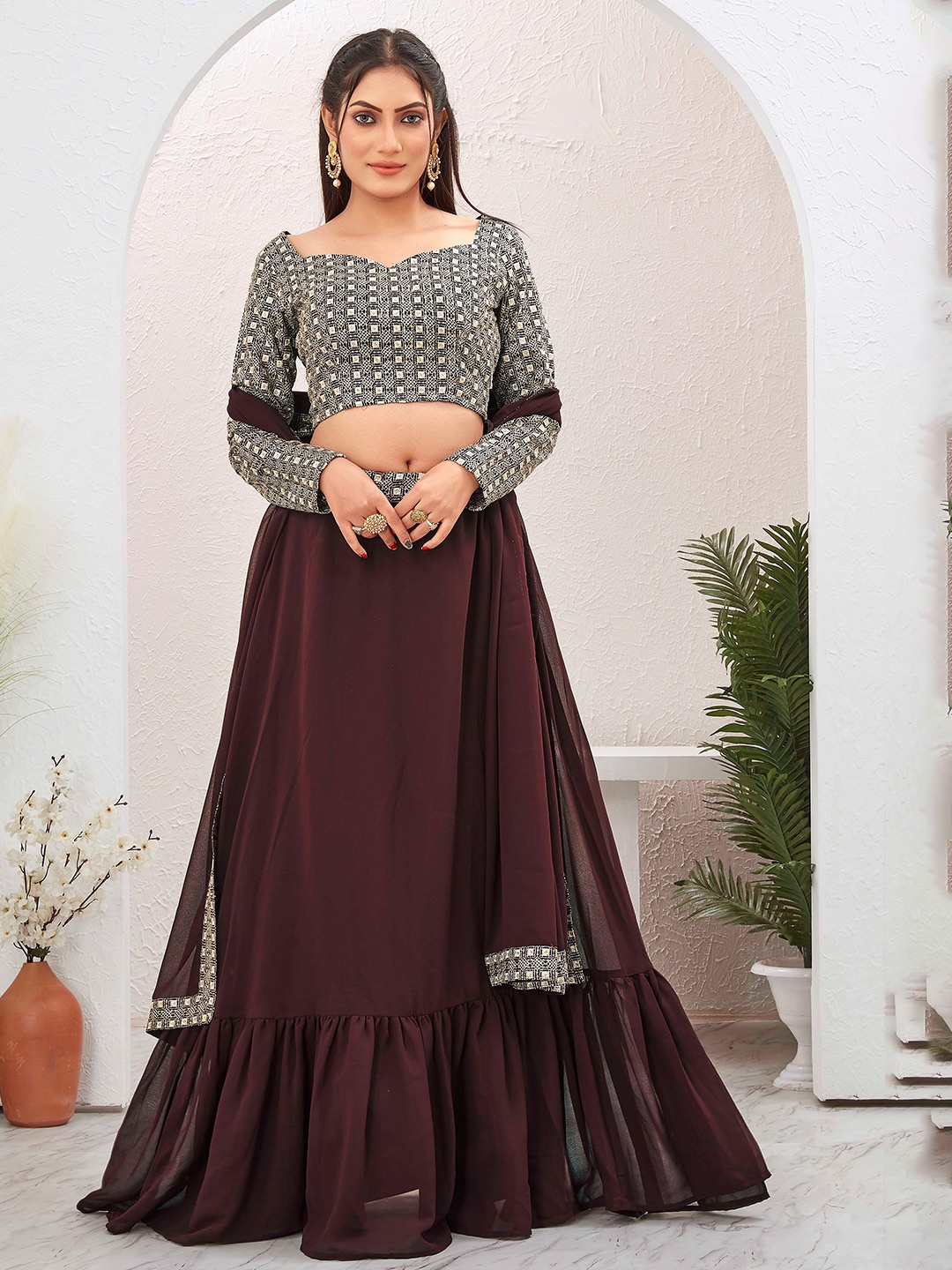 

Chandbaali Embroidered Long Sleeves Ready to Wear Lehenga & Blouse With Dupatta, Coffee brown