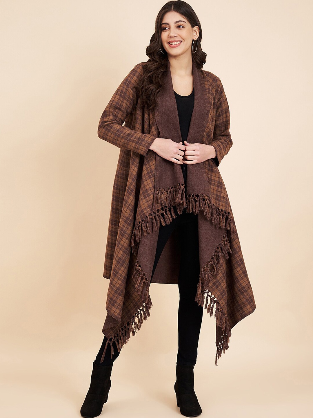 

Zamour Women Checked Open Front Shrug, Brown