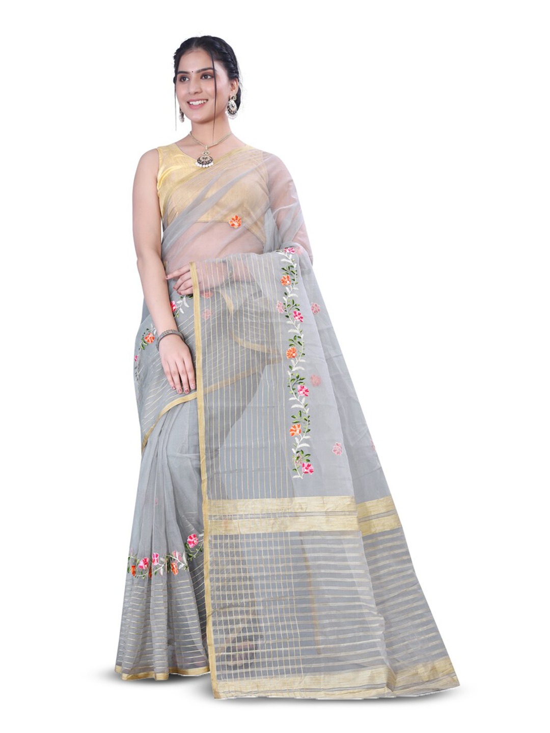 

suyukti creation Floral Embroidered Zari Tissue Tussar Saree, Grey