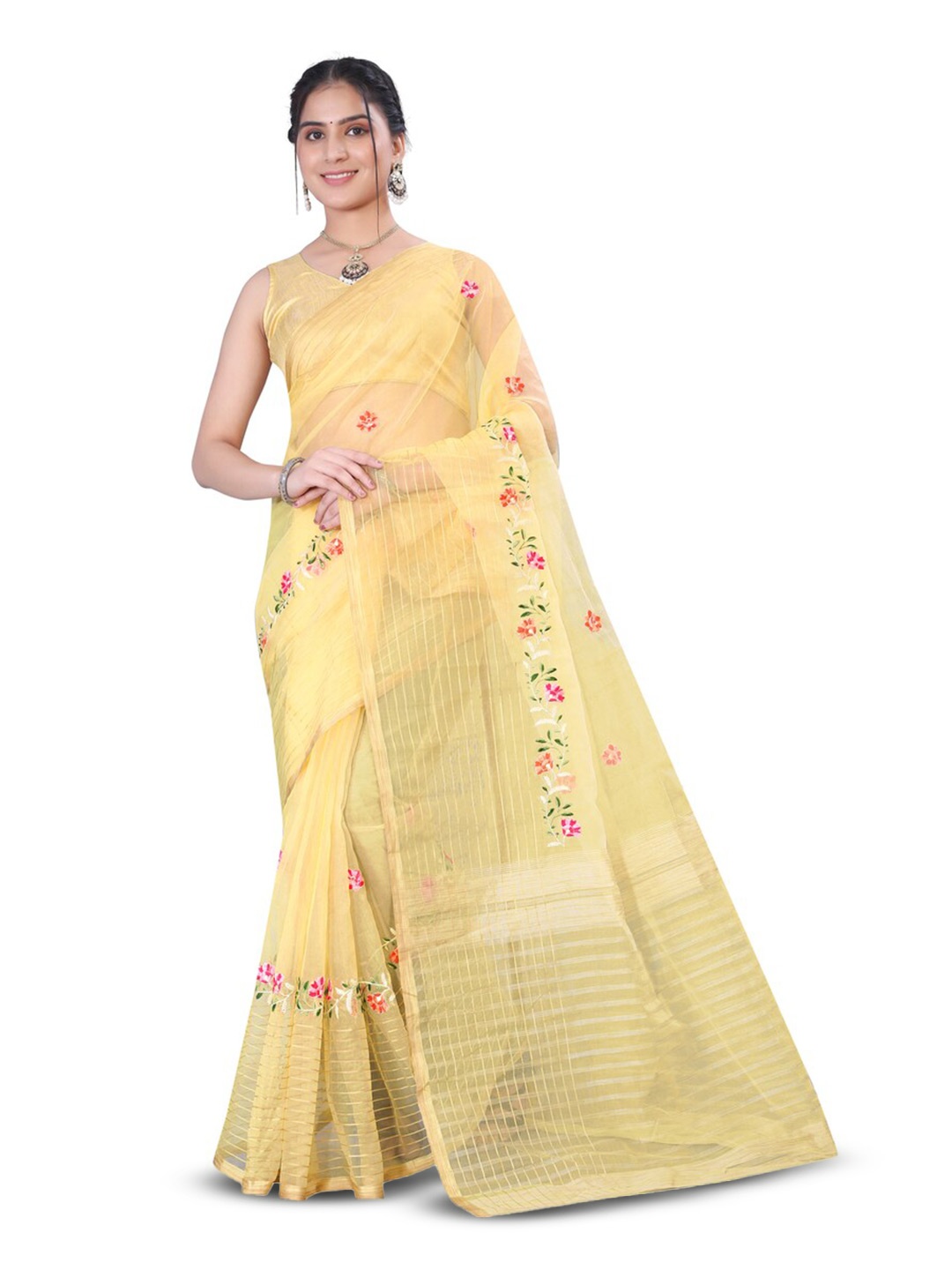 

suyukti creation Floral Embroidered Zari Tissue Tussar Saree, Yellow